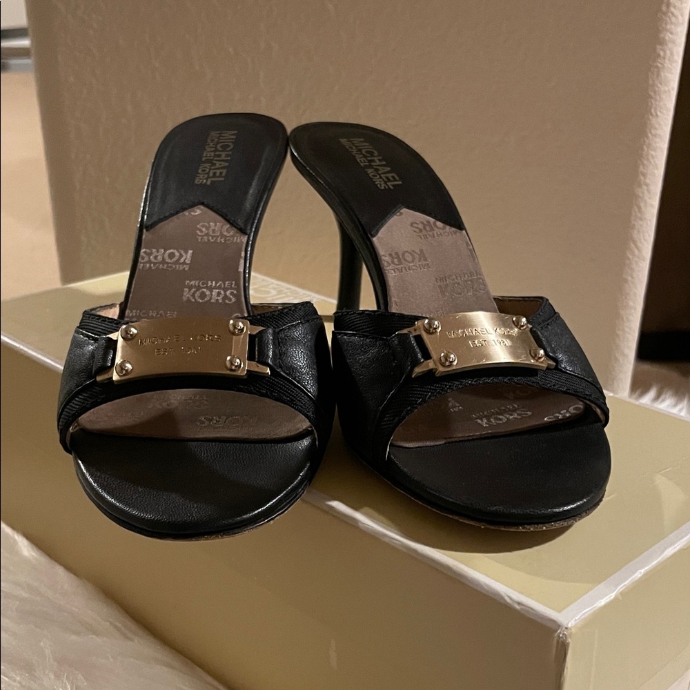 Michael Kors Black Heeled Slides with Gold Accents